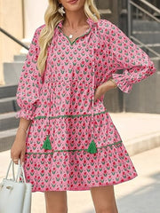 Women's Floral Ruffle V Neck Boho Babydoll Dresses with Pockets