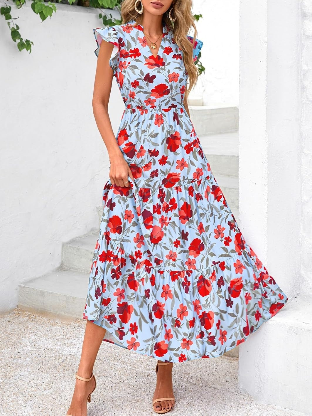 Women's Boho Print V Neck Ruffle Maxi Dress
