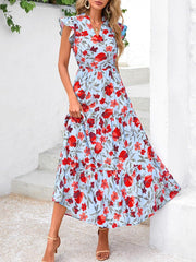 Women's Boho Print V Neck Ruffle Maxi Dress