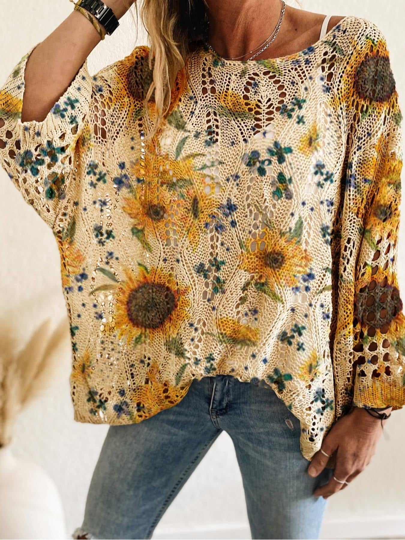 Women's Batwing Sleeve Print Hollow-Out Knit Top
