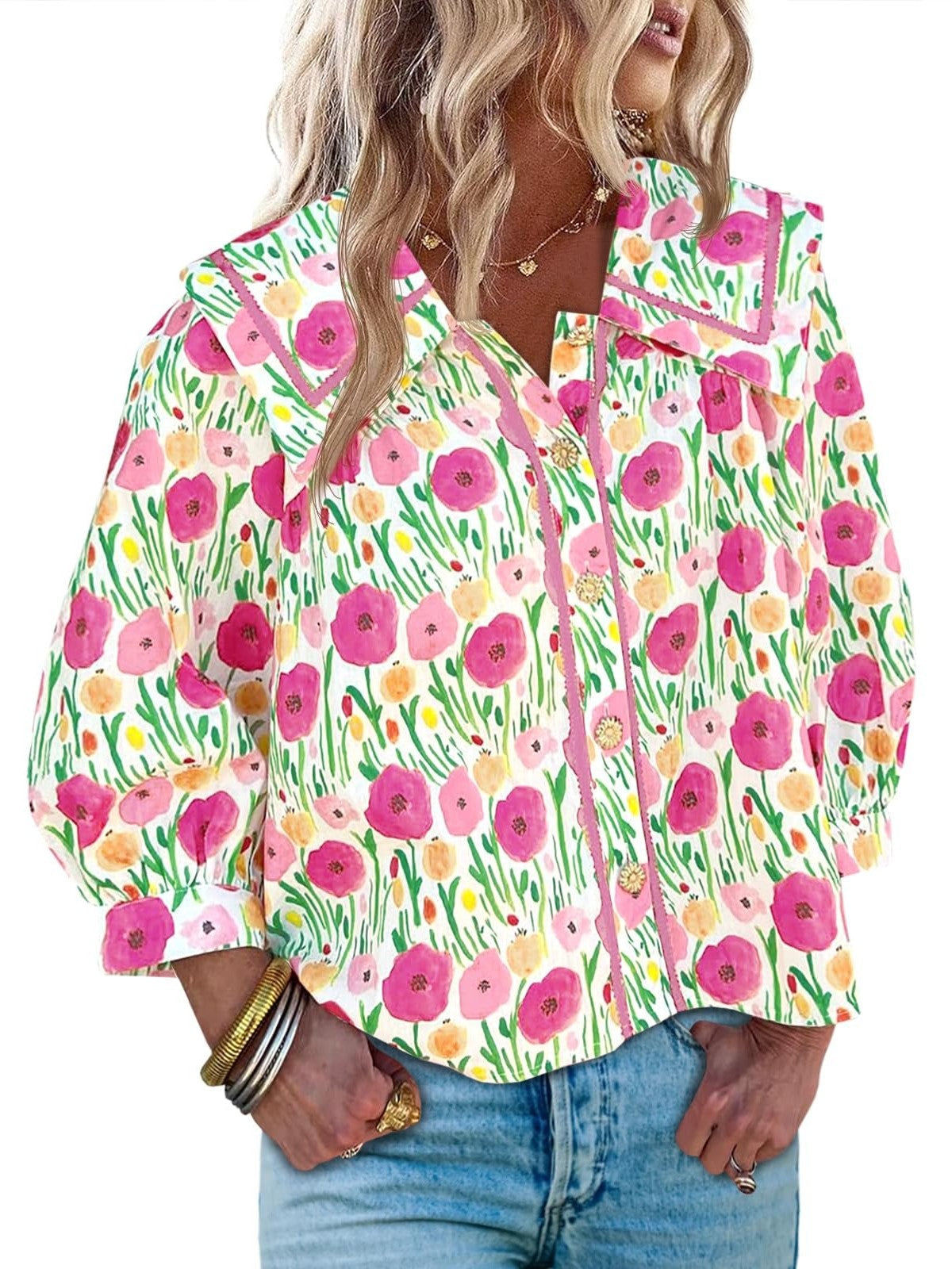 Women's Vibrant Floral Print Collar Blouse