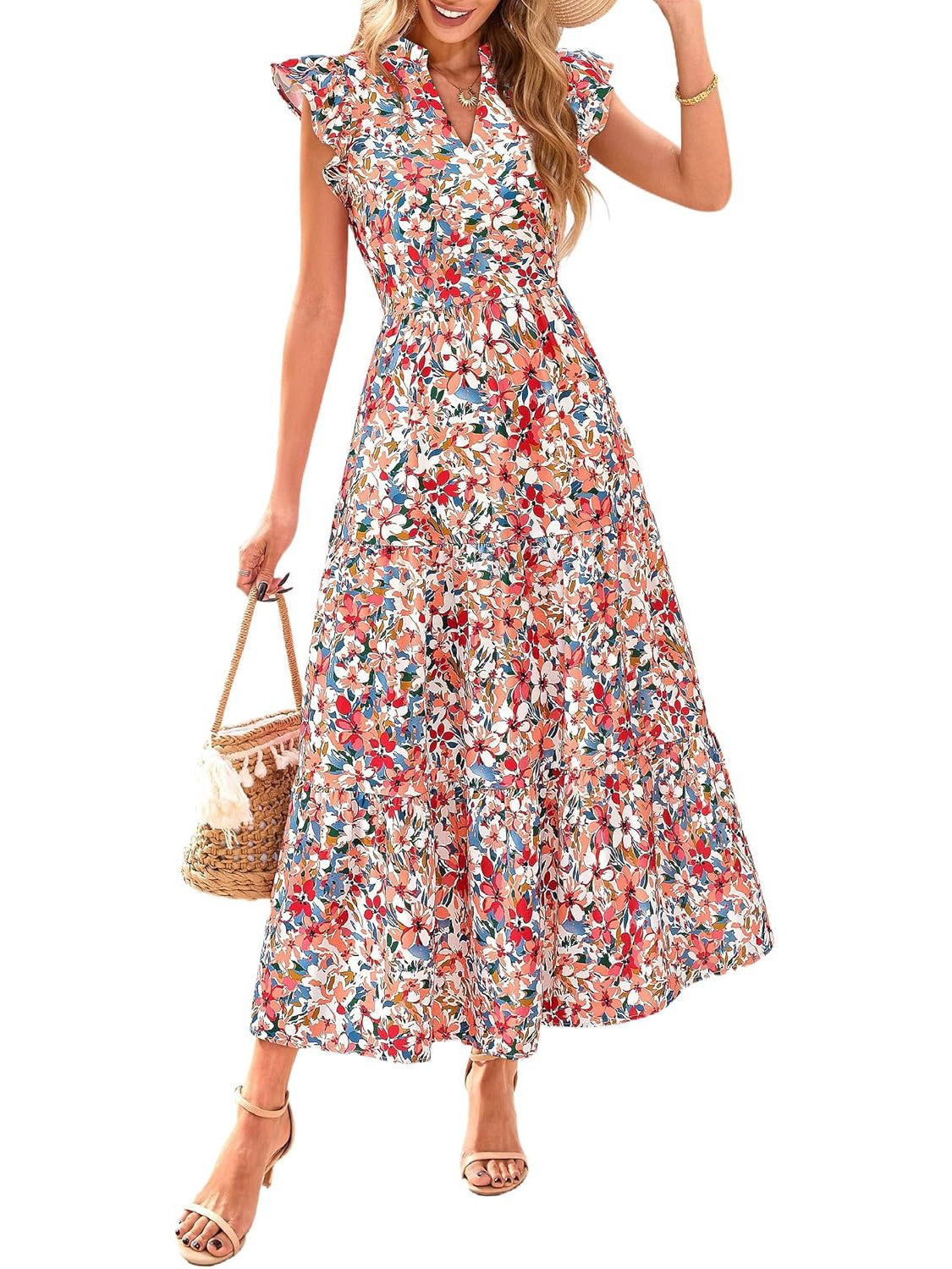 Women's Boho Print V Neck Ruffle Maxi Dress