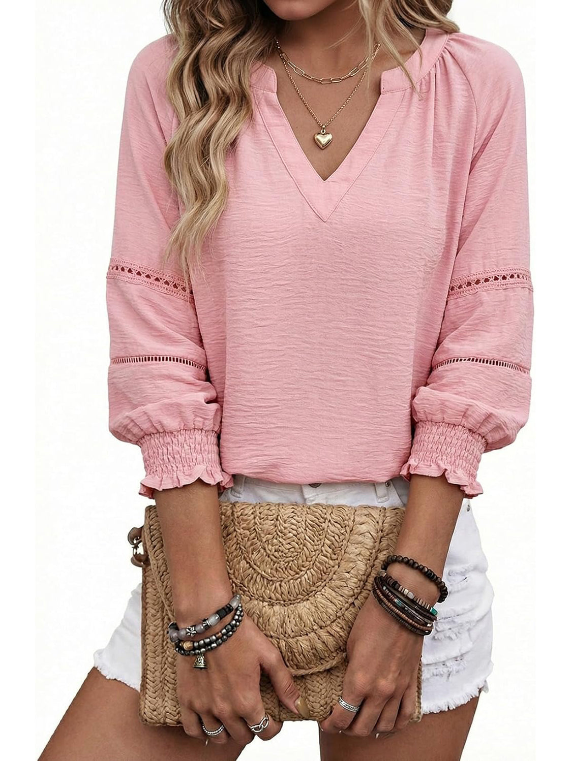 Women's 3/4 Sleeve V Neck Pleated Business Tops