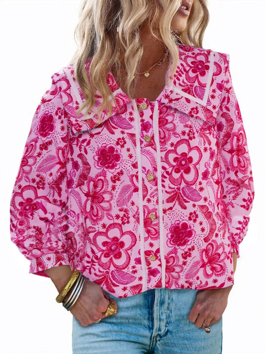 Women's Vibrant Floral Print Long Sleeve Collar Blouse