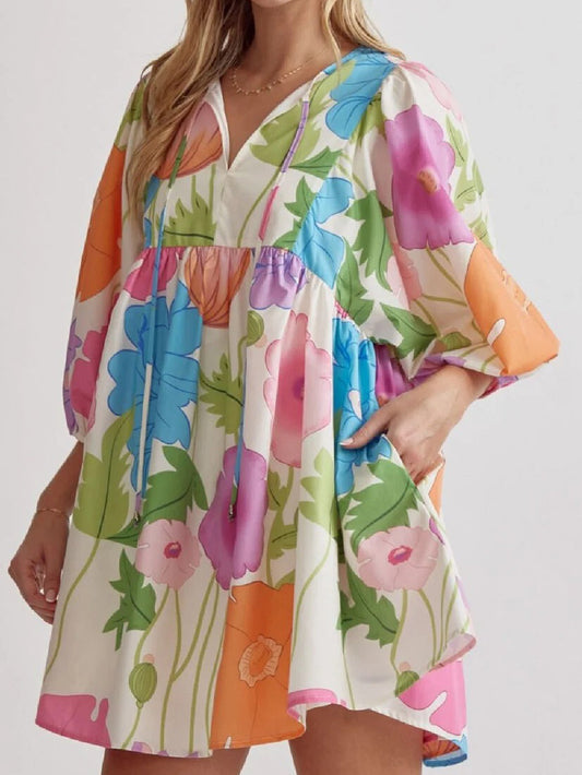 Women's Colorful Floral Half Sleeve Babydoll Dress