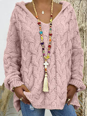 Women's Sweaters Solid V-Neck Twist Knit Hoodie Sweater